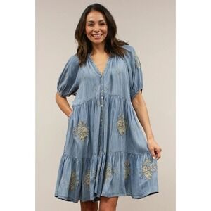Kyla Seo Embroidered Tiered Chambray Dress Small India Embroidered Boho Festival